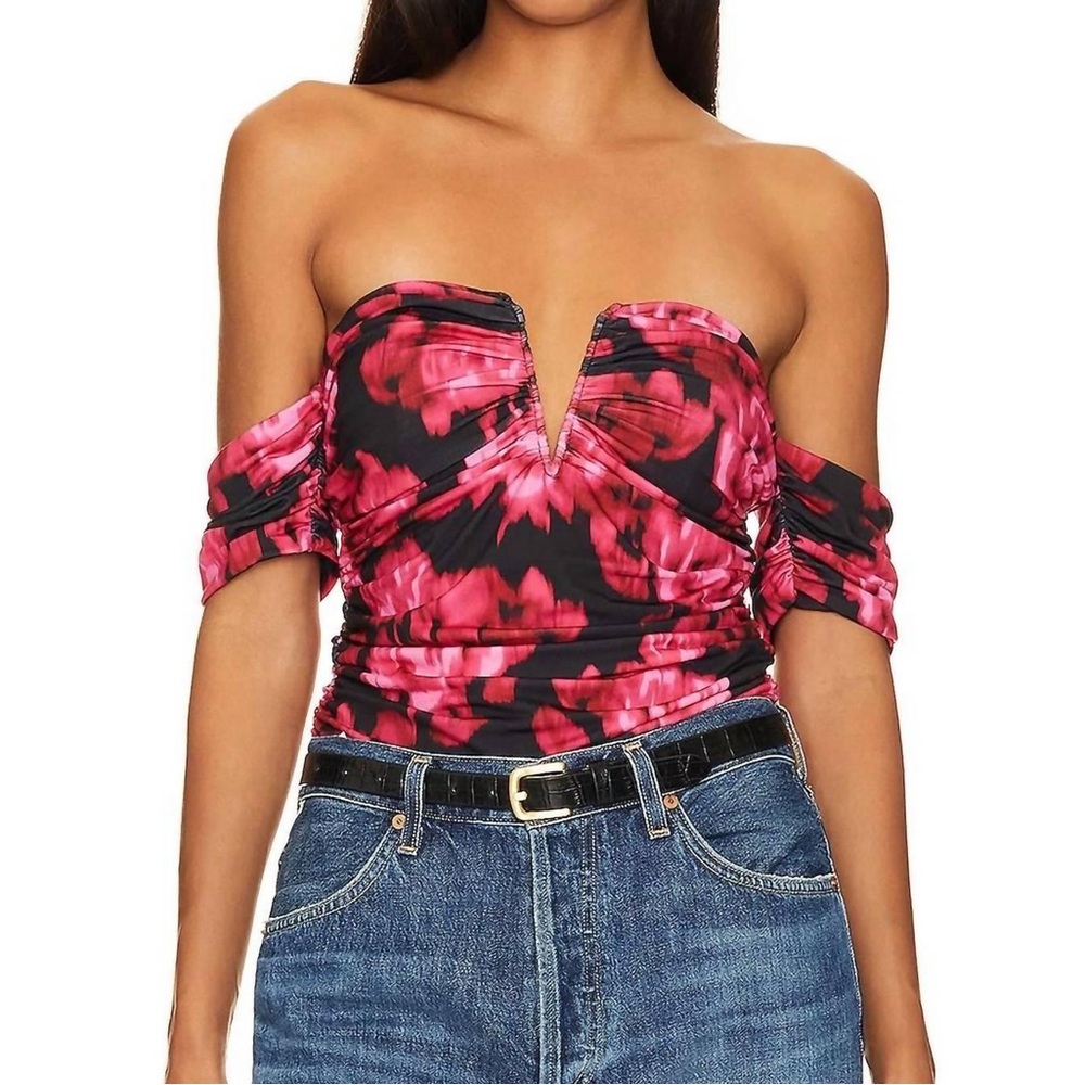 Cami NYC Louis draped off shoulder V-wire front ruched jersey bodysuit - Floral